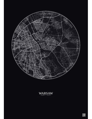 Affiche Warsaw – Poster carte de ville 10km | Gravura – Fond foncé