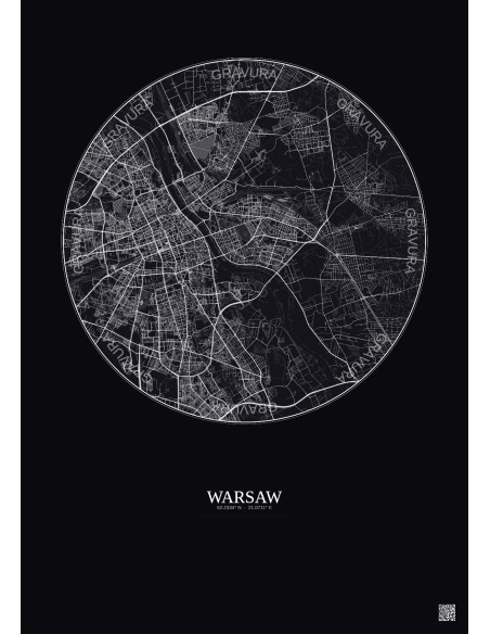 Affiche Warsaw – Poster carte de ville 10km | Gravura – Fond foncé