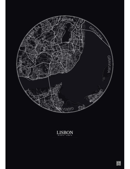 Affiche Lisbon – Poster carte de ville 10km | Gravura – Fond foncé
