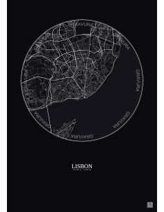Affiche Lisbon – Poster carte de ville 6km | Gravura – Fond foncé