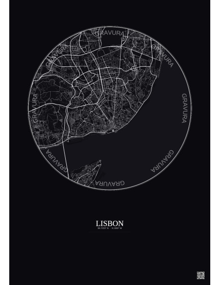 Lisbon City Map Poster 6km | Gravura – Dark background