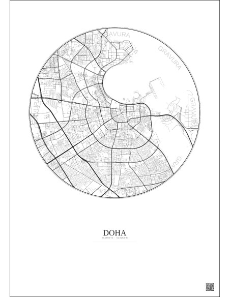 Affiche Doha – Poster carte de ville 6km | Gravura – Fond clair