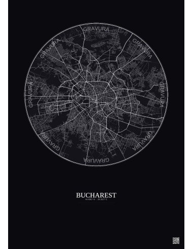 Affiche Bucharest – Poster carte de ville 10km | Gravura – Fond foncé