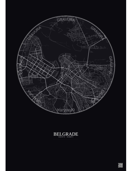 Affiche Belgrade – Poster carte de ville 6km | Gravura – Fond foncé