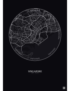 Affiche Singapore – Poster carte de ville 6km | Gravura – Fond foncé