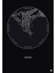 Affiche Dakar – Poster carte de ville 10km | Gravura – Fond foncé