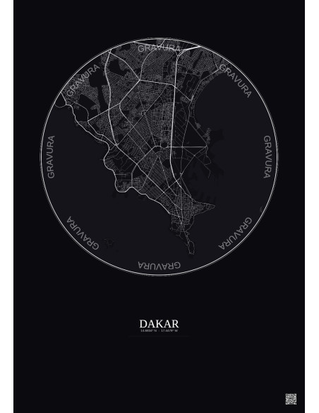 Affiche Dakar – Poster carte de ville 6km | Gravura – Fond foncé
