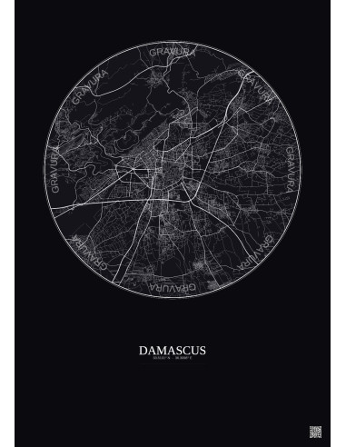 Affiche Damascus – Poster carte de ville 10km | Gravura – Fond foncé
