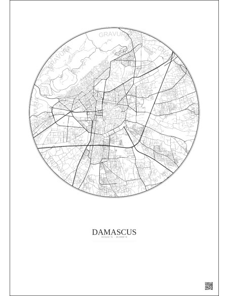 Affiche Damascus – Poster carte de ville 6km | Gravura – Fond clair