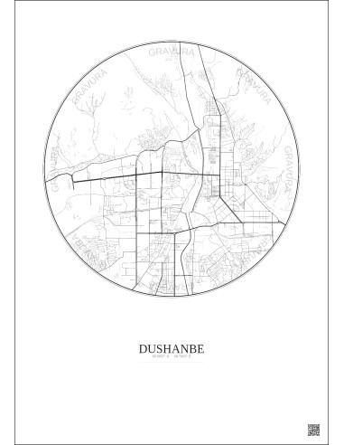 Affiche Dushanbe – Poster carte de ville 6km | Gravura – Fond clair