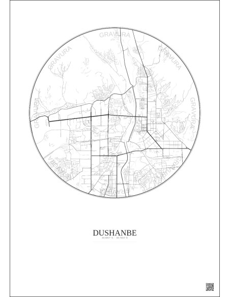 Affiche Dushanbe – Poster carte de ville 6km | Gravura – Fond clair