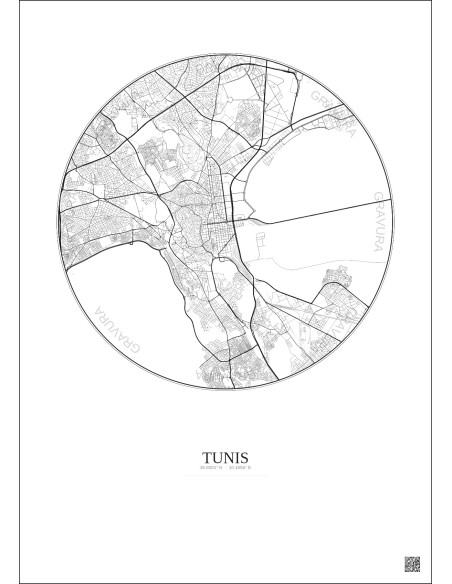 Affiche Tunis – Poster carte de ville 6km | Gravura – Fond clair