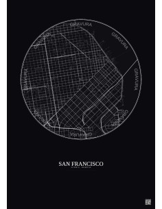 Affiche San Francisco – Poster carte de ville 2.5km | Gravura – Fond foncé