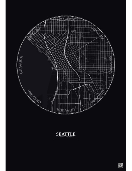 Seattle City Map Poster 2.5km | Gravura – Dark background