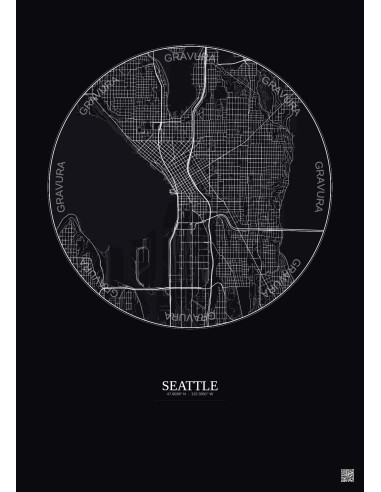 Affiche Seattle – Poster carte de ville 5km | Gravura – Fond foncé