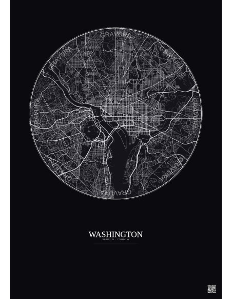 Affiche Washington – Poster carte de ville 10km | Gravura – Fond foncé