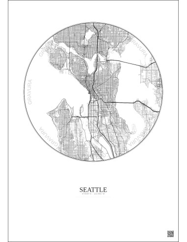 Affiche Seattle – Poster carte de ville 10km | Gravura – Fond clair