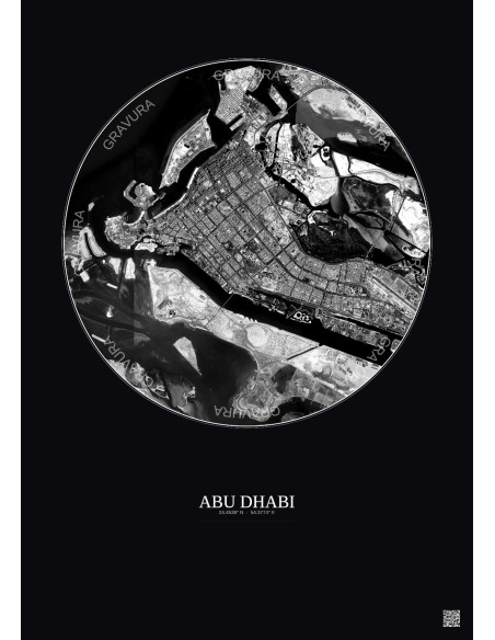 Affiche Abu Dhabi – Poster vue satellite 10km N&B | Gravura – Fond foncé