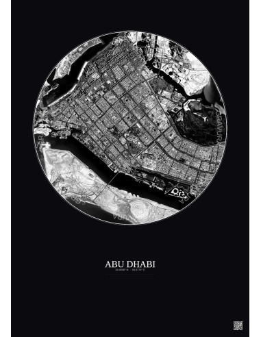 Affiche Abu Dhabi – Poster vue satellite 6km N&B | Gravura – Fond foncé