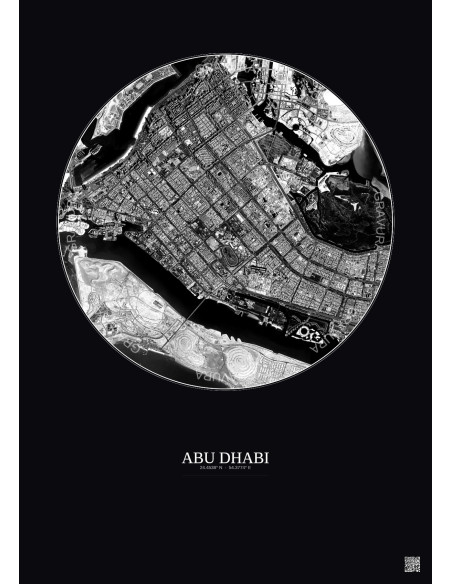 Affiche Abu Dhabi – Poster vue satellite 6km N&B | Gravura – Fond foncé