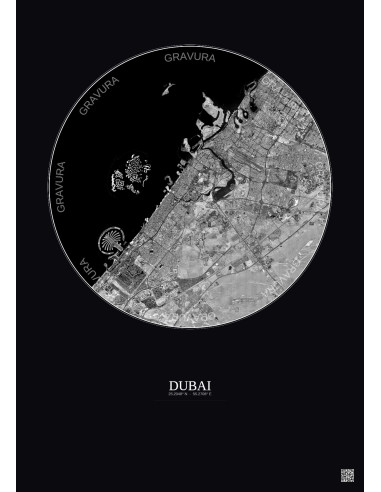 Affiche Dubai – Poster vue satellite 25km N&B | Gravura – Fond foncé