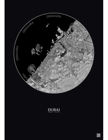 Affiche Dubai – Poster vue satellite 25km N&B | Gravura – Fond foncé
