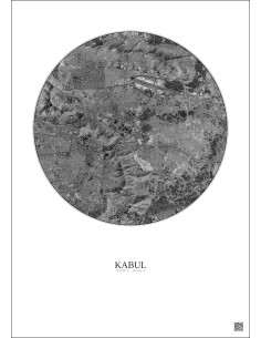 Affiche Kabul – Poster vue satellite 10km N&B | Gravura – Fond clair
