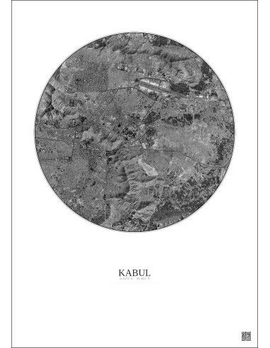 Affiche Kabul – Poster vue satellite 10km N&B | Gravura – Fond clair