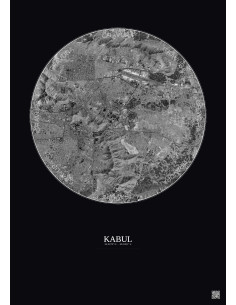 Affiche Kabul – Poster vue satellite 10km N&B | Gravura – Fond foncé