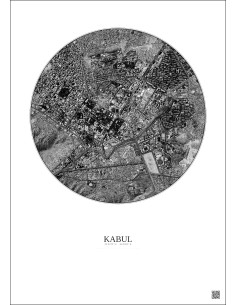 Affiche Kabul – Poster vue satellite 2.5km N&B | Gravura – Fond clair