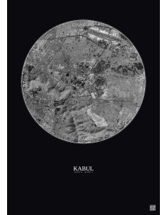 Affiche Kabul – Poster vue satellite 6km N&B | Gravura – Fond foncé