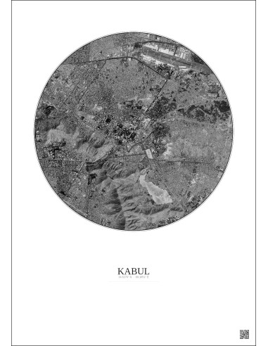 Affiche Kabul – Poster vue satellite 6km N&B | Gravura – Fond clair