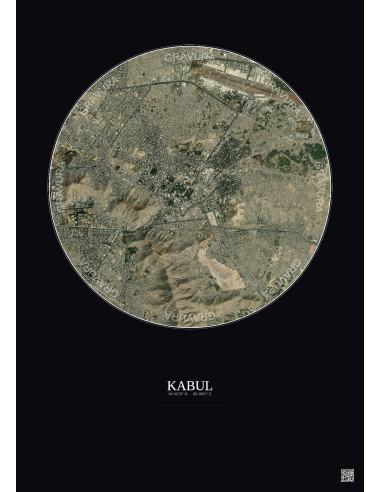 Affiche Kabul – Poster vue satellite 6km Couleur | Gravura – Fond foncé