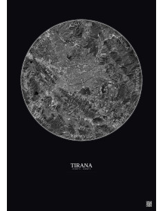 Affiche Tirana – Poster vue satellite 10km N&B | Gravura – Fond foncé