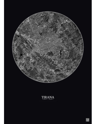 Tirana Satellite View Poster 10km B&W | Gravura – Dark background