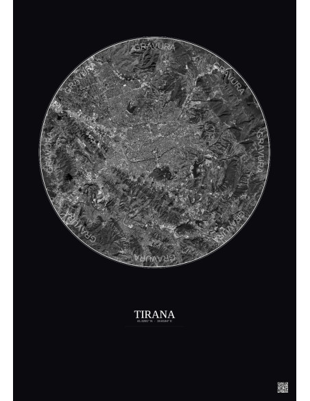 Tirana Satellite View Poster 10km B&W | Gravura – Dark background