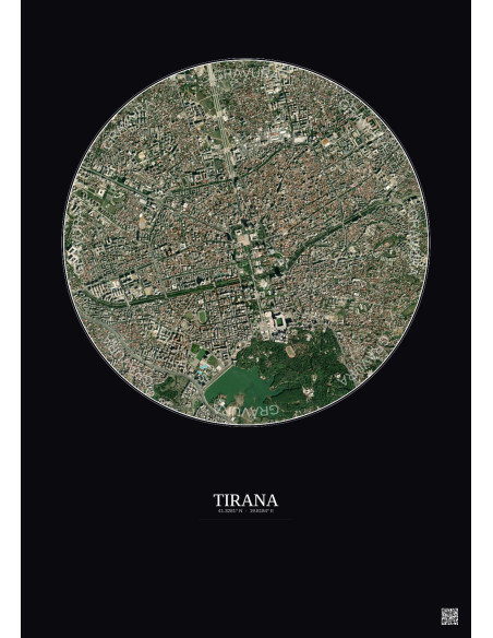 Affiche Tirana – Poster vue satellite 2.5km Couleur | Gravura – Fond foncé