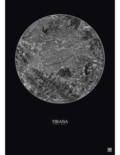 Affiche Tirana – Poster vue satellite 6km N&B | Gravura – Fond foncé