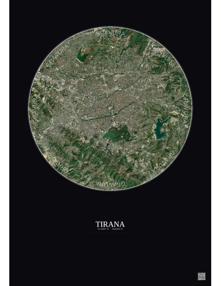 Affiche Tirana – Poster vue satellite 6km Couleur | Gravura – Fond foncé