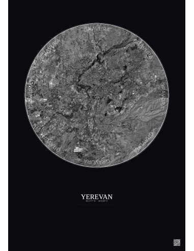 Affiche Yerevan – Poster vue satellite 10km N&B | Gravura – Fond foncé