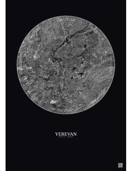 Affiche Yerevan – Poster vue satellite 10km N&B | Gravura – Fond foncé