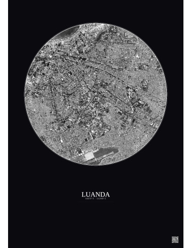 Affiche Luanda – Poster vue satellite 2.5km N&B | Gravura – Fond foncé