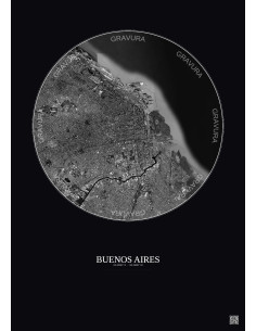 Affiche Buenos Aires – Poster vue satellite 10km N&B | Gravura – Fond foncé