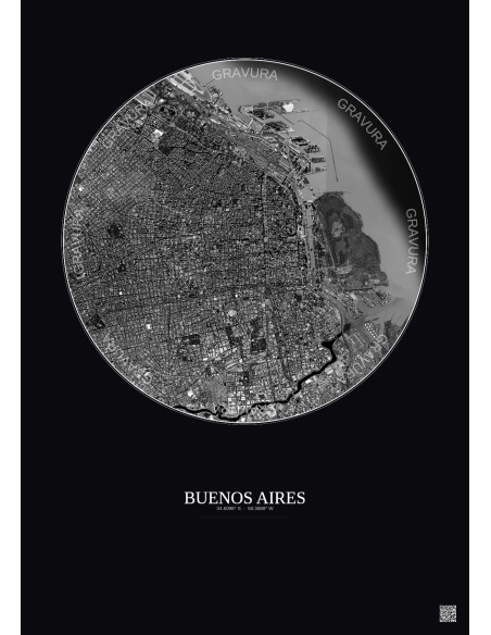 Affiche Buenos Aires – Poster vue satellite 6km N&B | Gravura – Fond foncé