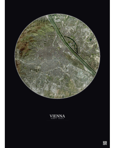 Vienna Satellite View Poster 10km Color | Gravura – Dark background