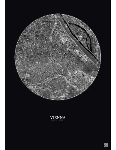 Vienna Satellite View Poster 6km B&W | Gravura – Dark background