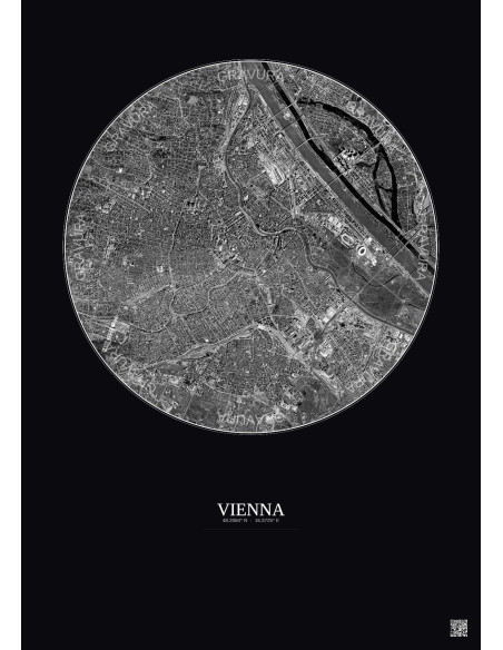 Vienna Satellite View Poster 6km B&W | Gravura – Dark background