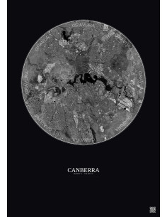 Affiche Canberra – Poster vue satellite 10km N&B | Gravura – Fond foncé
