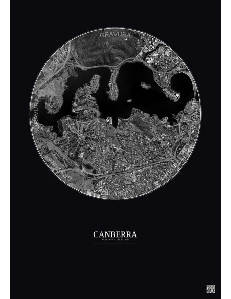 Affiche Canberra – Poster vue satellite 2.5km N&B | Gravura – Fond foncé