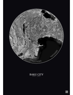 Affiche Baku City – Poster vue satellite 10km N&B | Gravura – Fond foncé